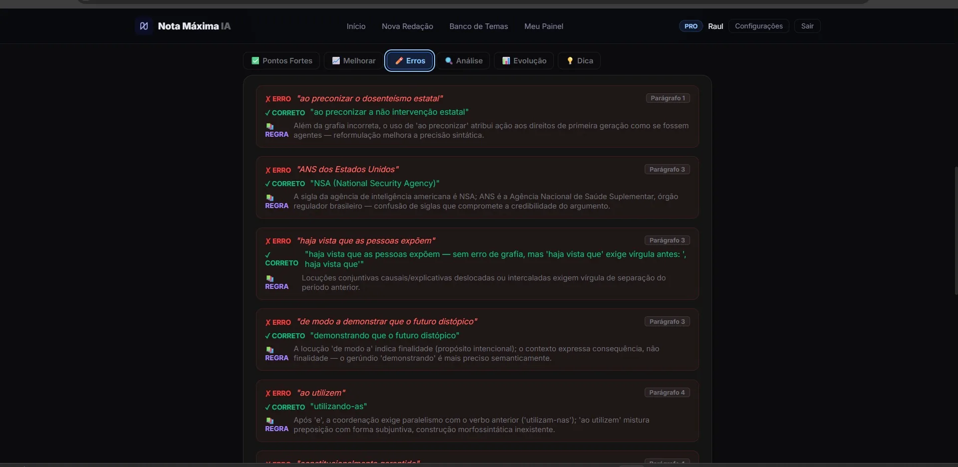 Cada erro com a regra explicada